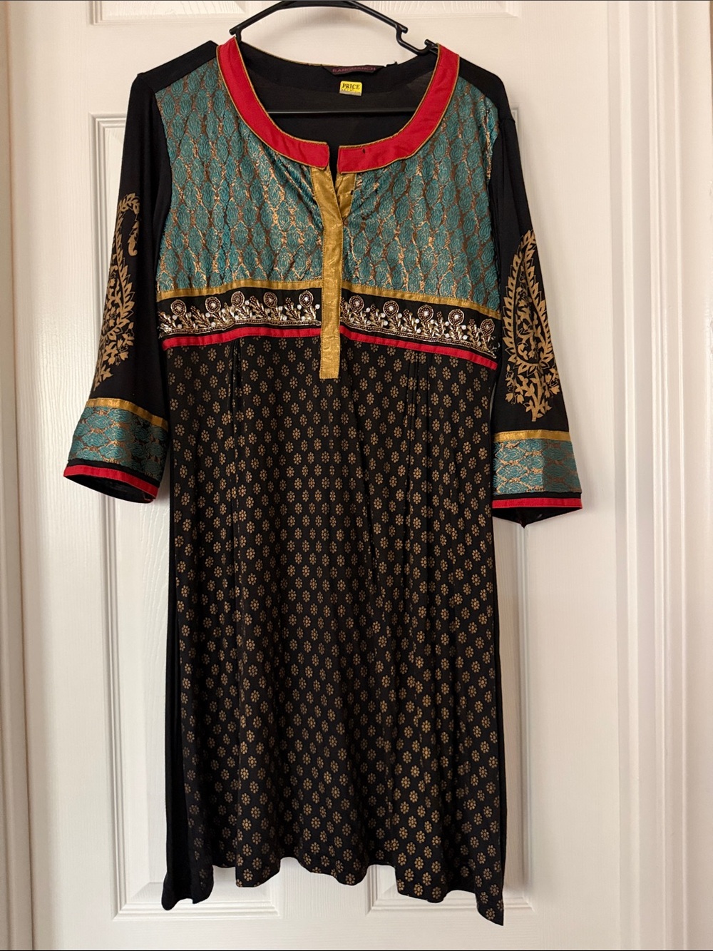 Embroidered Black & Teal Tunic Top /short dress with Red Trim